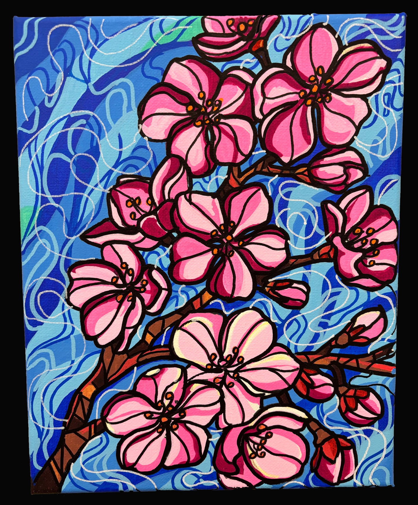 Artistic depiction of cherry blossoms on a blue background