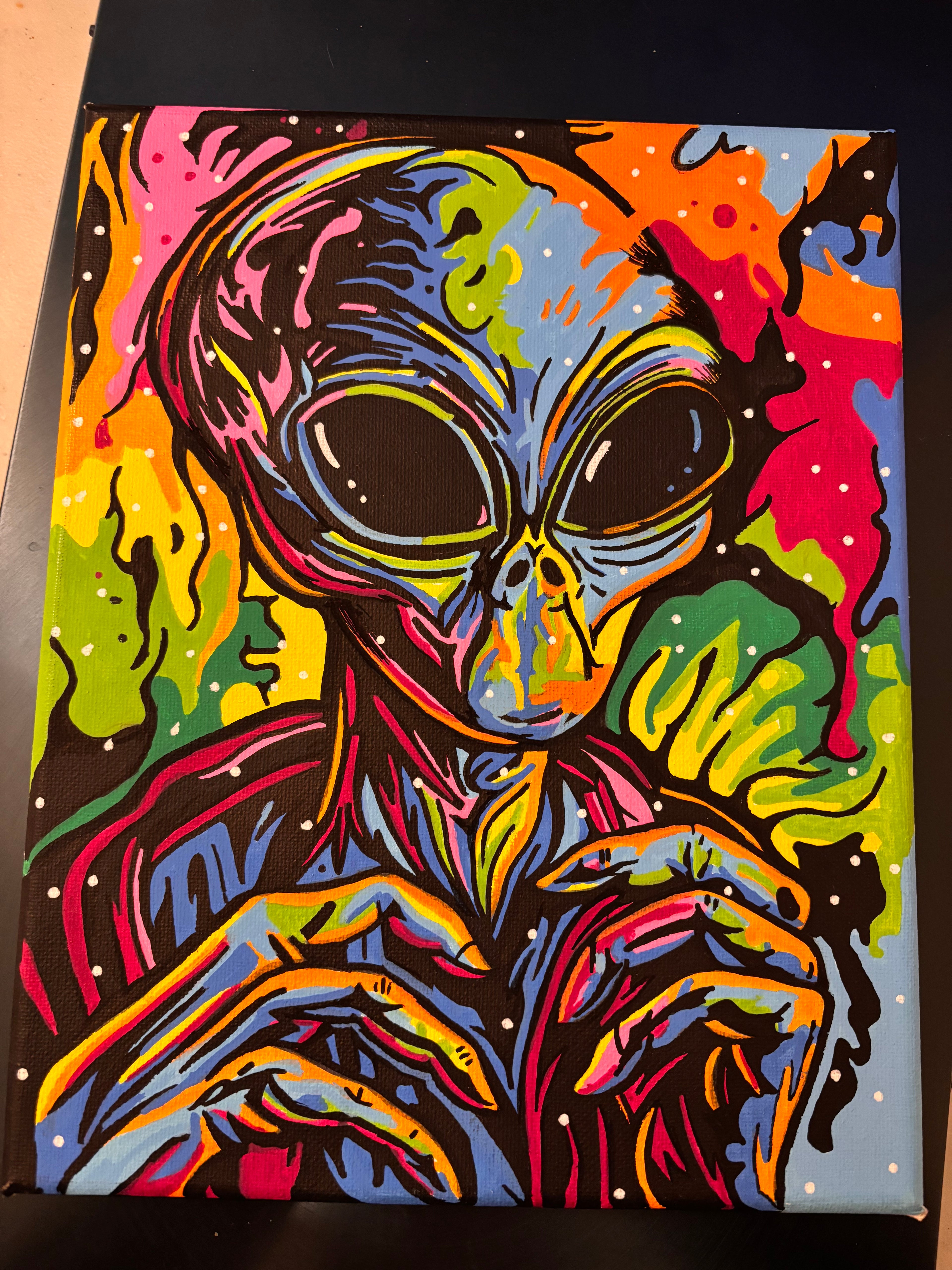 Colorful abstract painting of an alien with psychedelic colors by hannah arthur