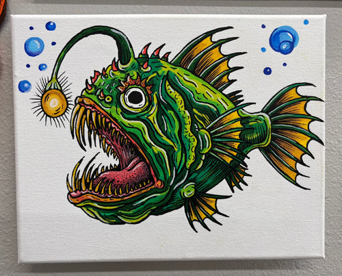 Colorful illustration of an angler fish with a on a white background made with acrylic markers on canvas.