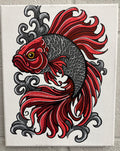 Decorative painting of a red and black beta fish with intricate patterns on a white background. 8x10 acrylic markers on Canvas by Hannah Arthur