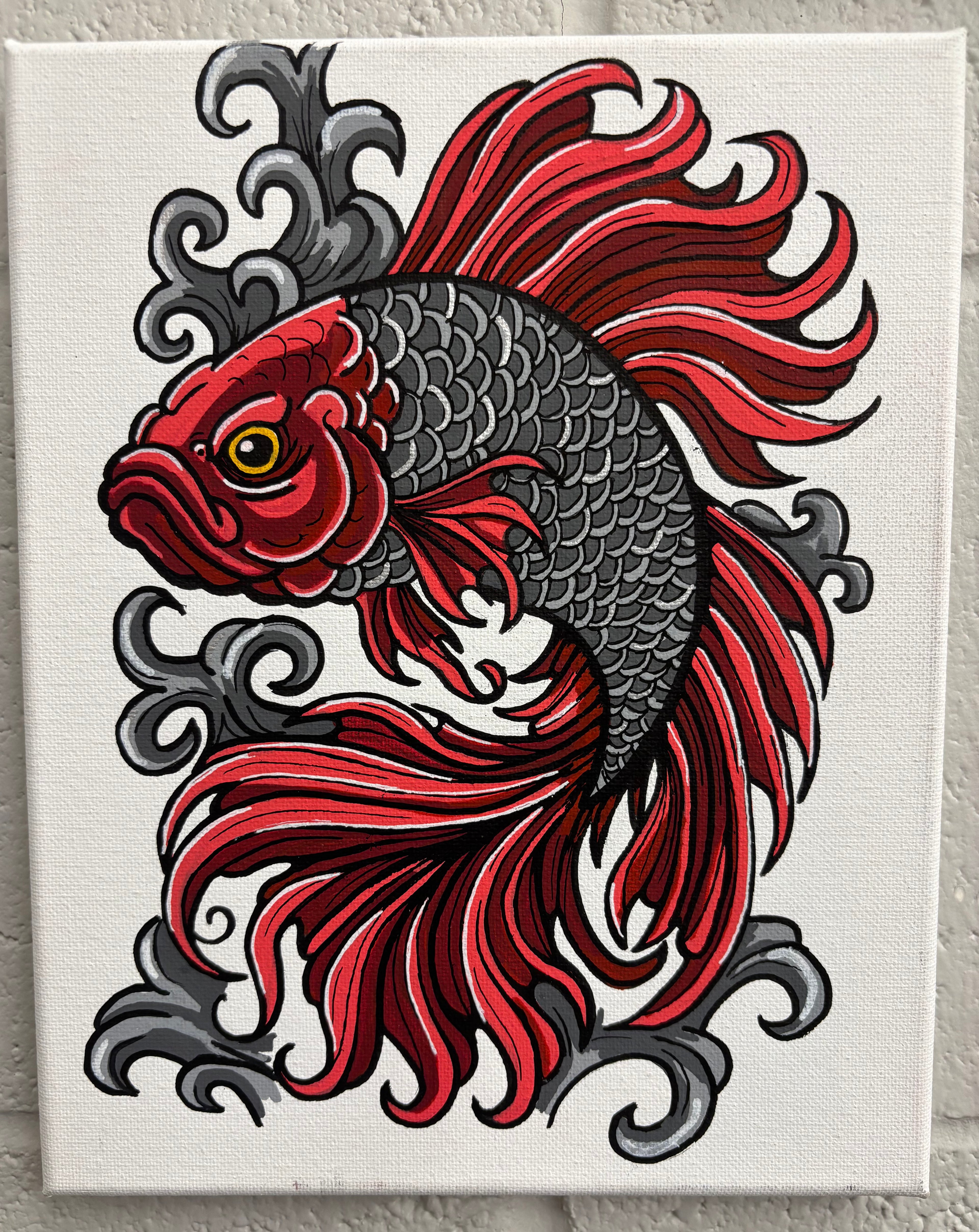 Decorative painting of a red and black beta fish with intricate patterns on a white background. 8x10 acrylic markers on Canvas by Hannah Arthur