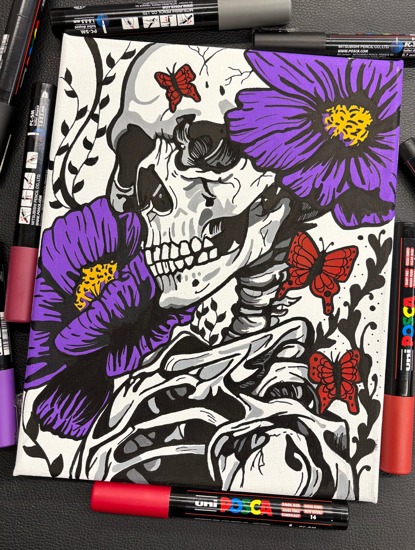 Abstract skeleton painting with purple flowers on 8x10 canvas
