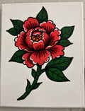 Red flower with green leaves on a white background. 8x10 Acrylic markers on canvas by Hannah Arthur