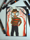 Illustration of a character freddy kreugar with a hat and striped sweater against a tree background, surrounded by markers.