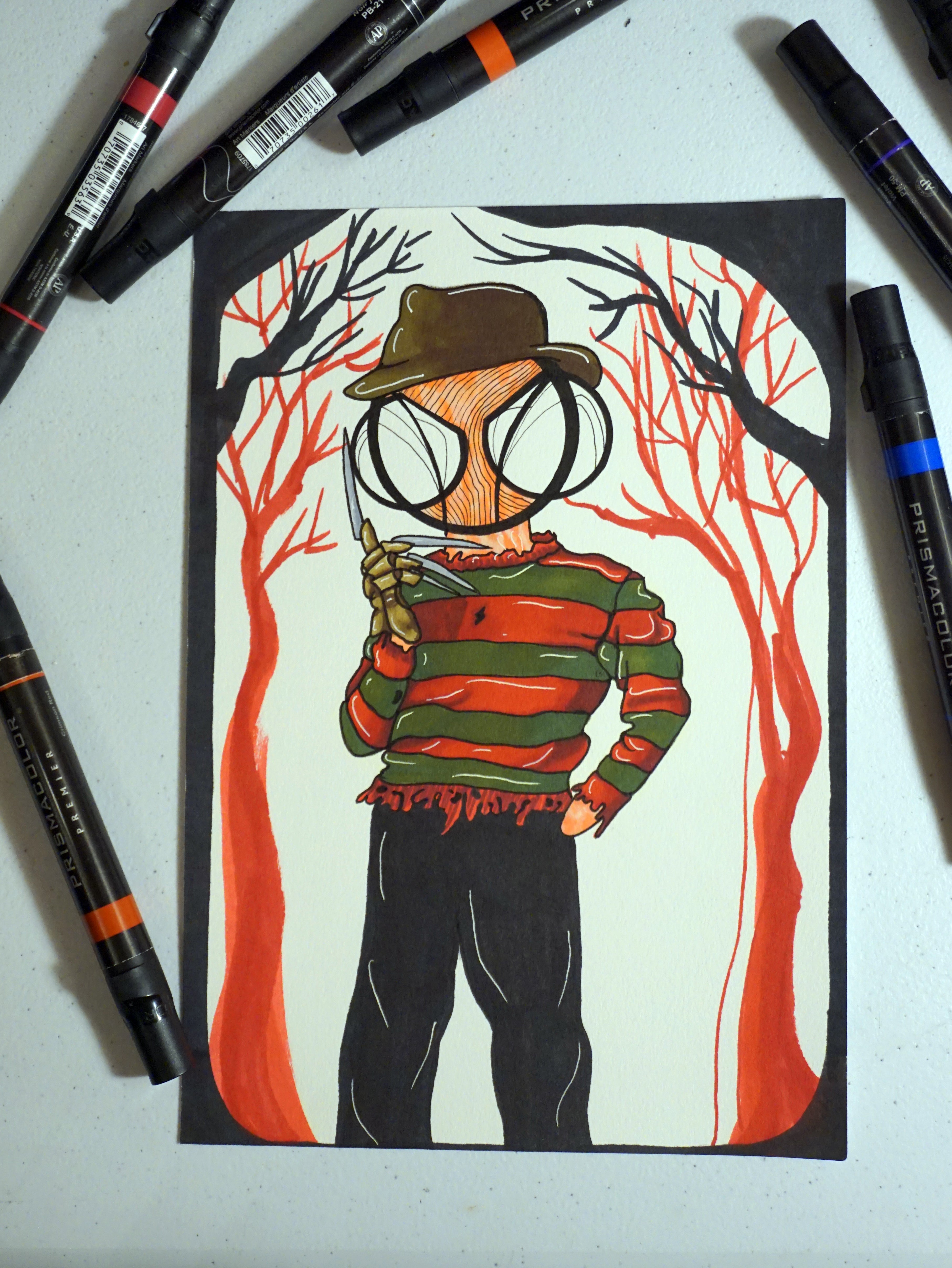 Illustration of a character freddy kreugar with a hat and striped sweater against a tree background, surrounded by markers.
