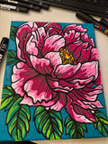 Colorful floral drawing of a pink peony on a teal background with markers 8x10 by hannah arthur
