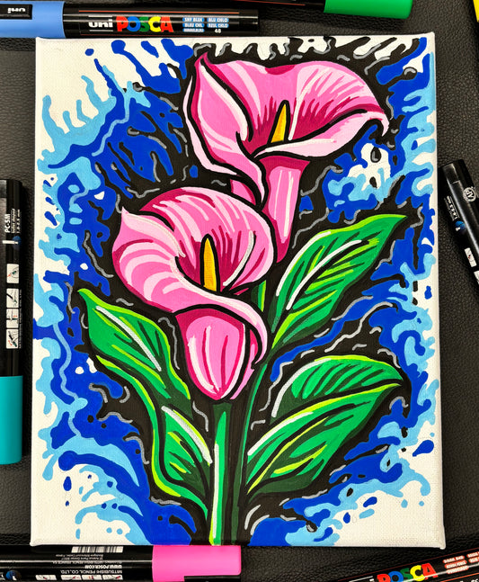 Colorful drawing of pink calla lillies on a blue background with Uni Posca markers.