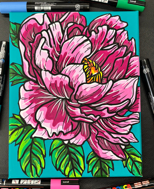 Colorful flower peony drawing on a blue background with markers around