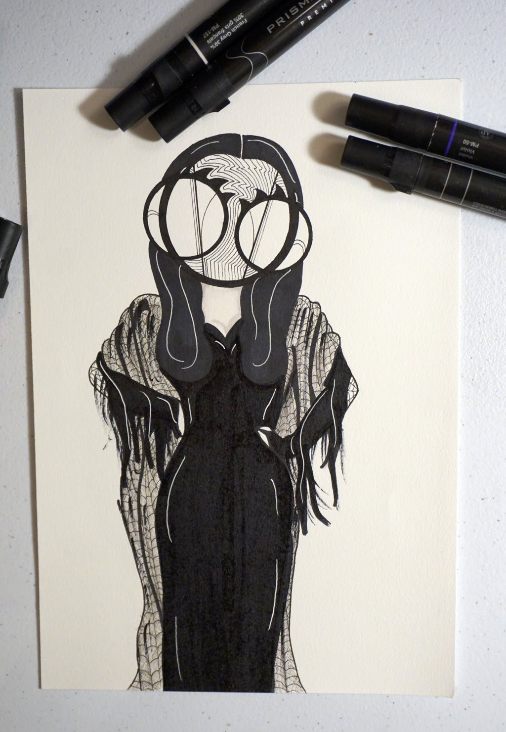 illustration of original morticia addams 8x10 marker drawing by Hannah Arthur