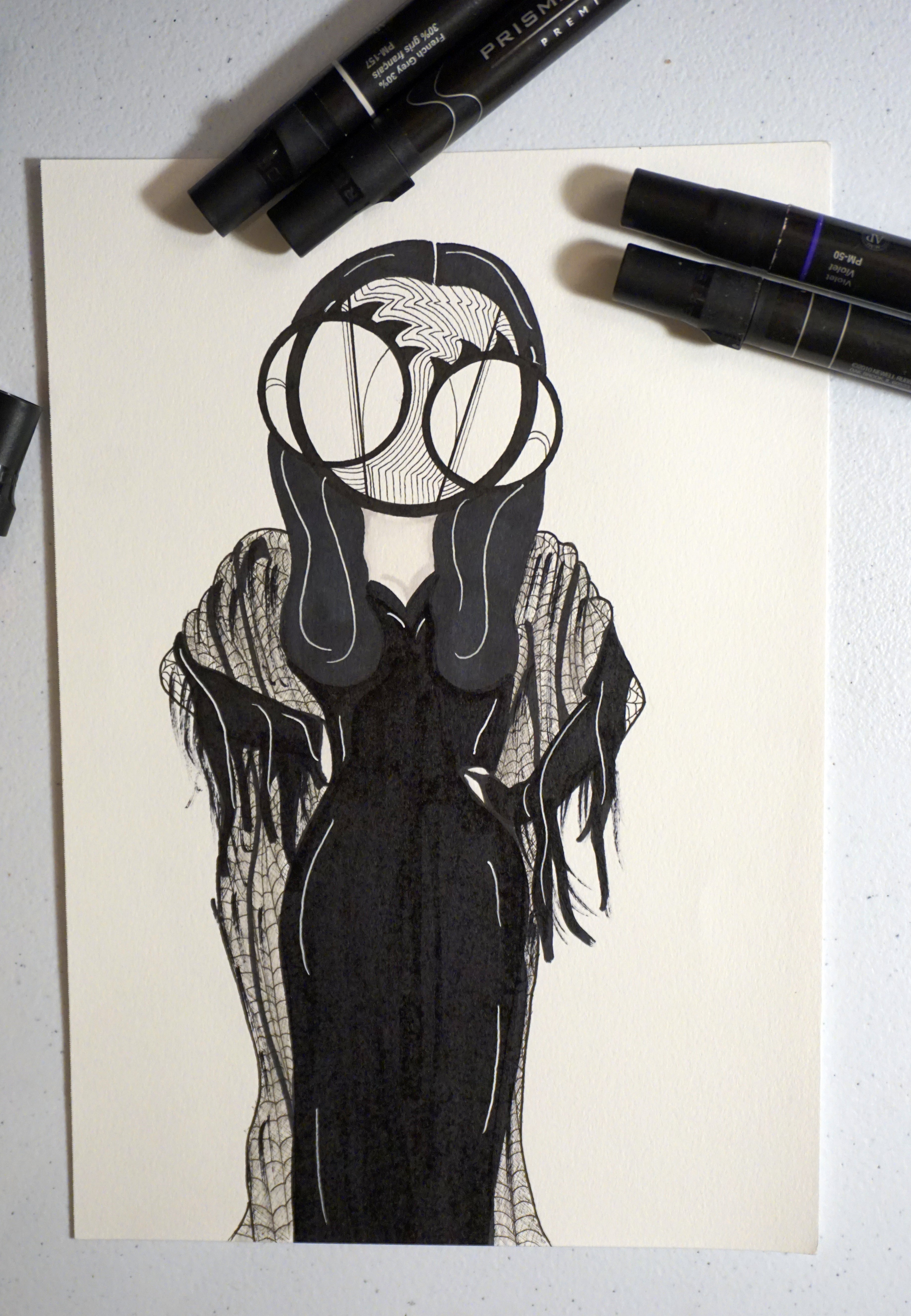 illustration of original morticia addams 8x10 marker drawing by Hannah Arthur