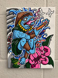8x10, one of a kind colorful blue samurai Japanese style frog with flowers drawn on canvas with Posca acrylic markers by Hannah Arthur at Harth Creations