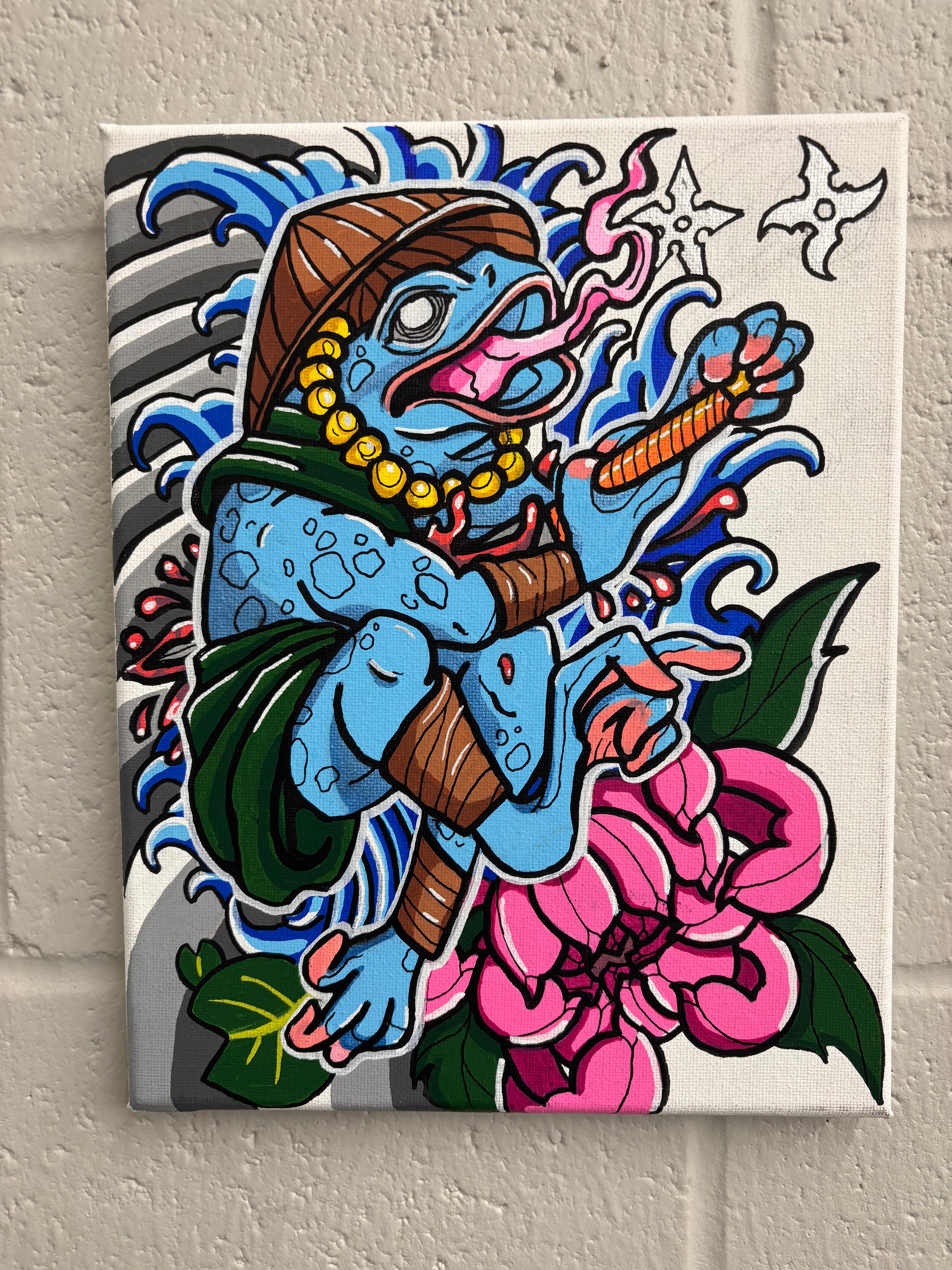 8x10, one of a kind colorful blue samurai Japanese style frog with flowers drawn on canvas with Posca acrylic markers by Hannah Arthur at Harth Creations