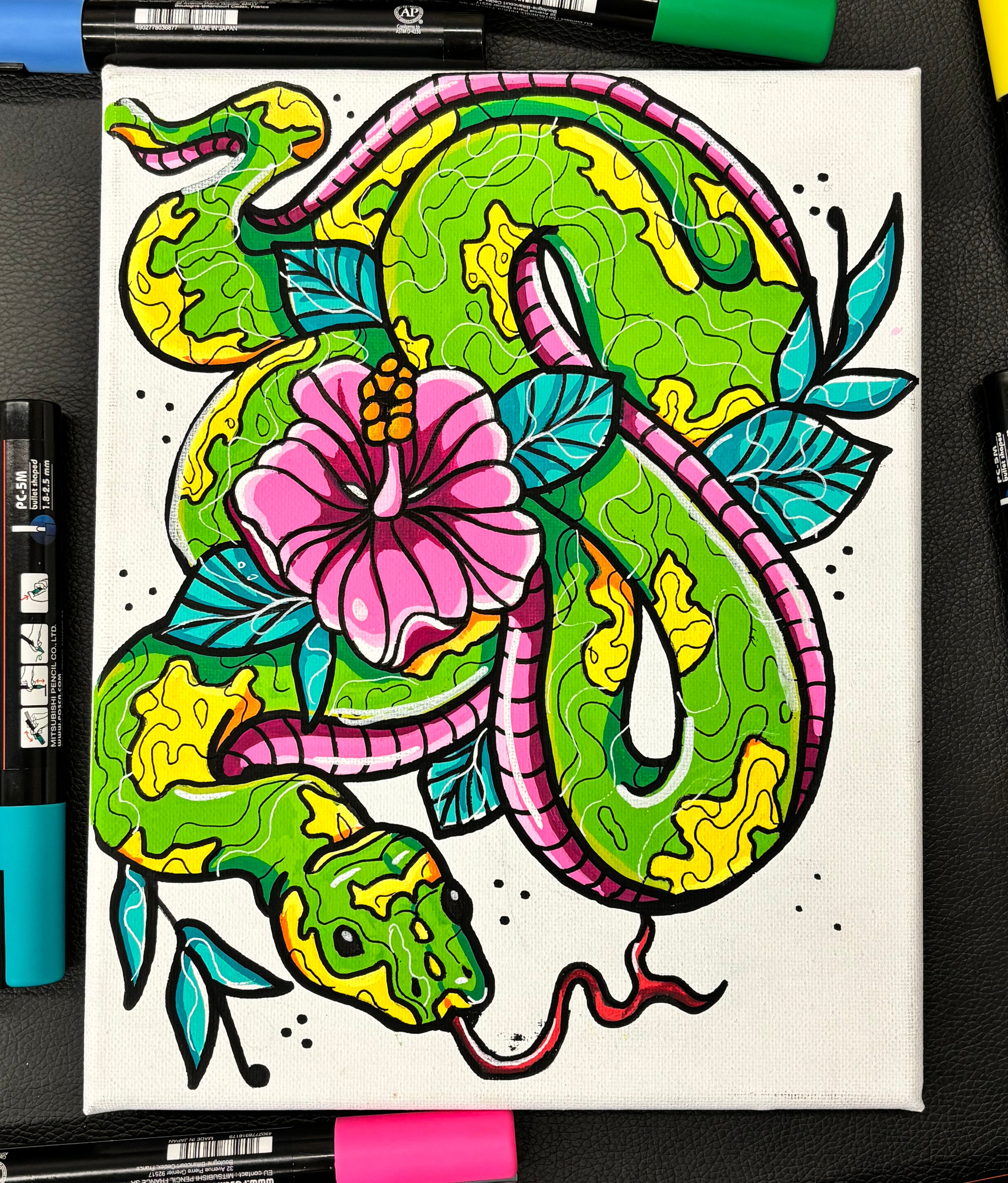 painting of a bright green tree snake with pink hibiscus flower
