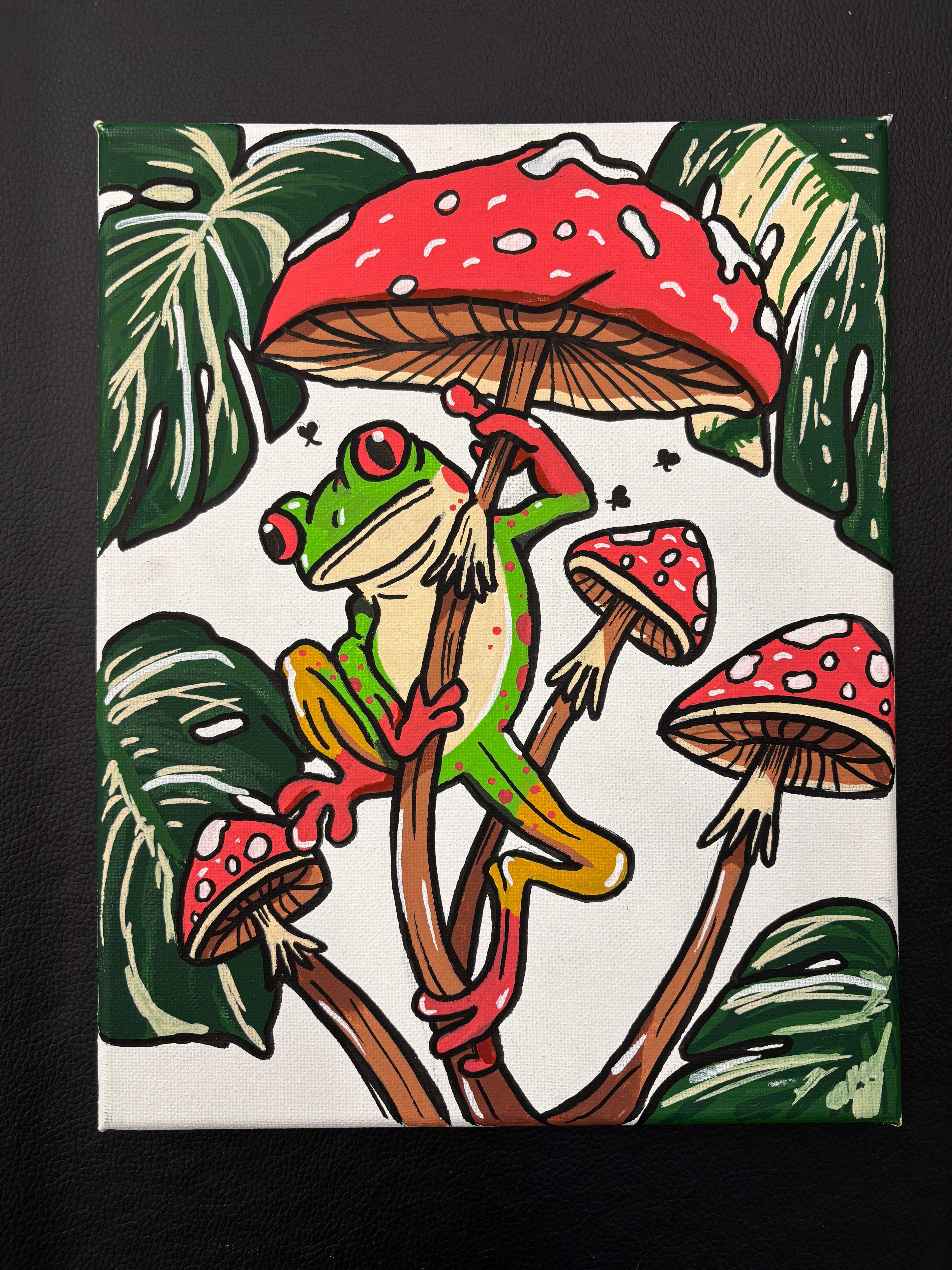 8x10 one of a kind original acrylic marker colorful Tree frog on  a mushroom. painted on canvas by Hannah Arthur at Harth Creations