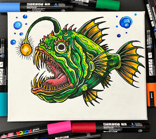 painting of a green and yellow angler fish