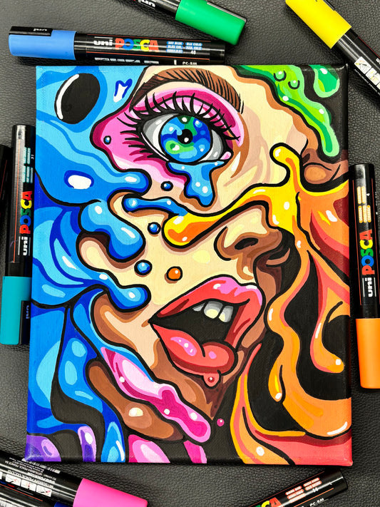 colorful ink splatter painting of a womans face