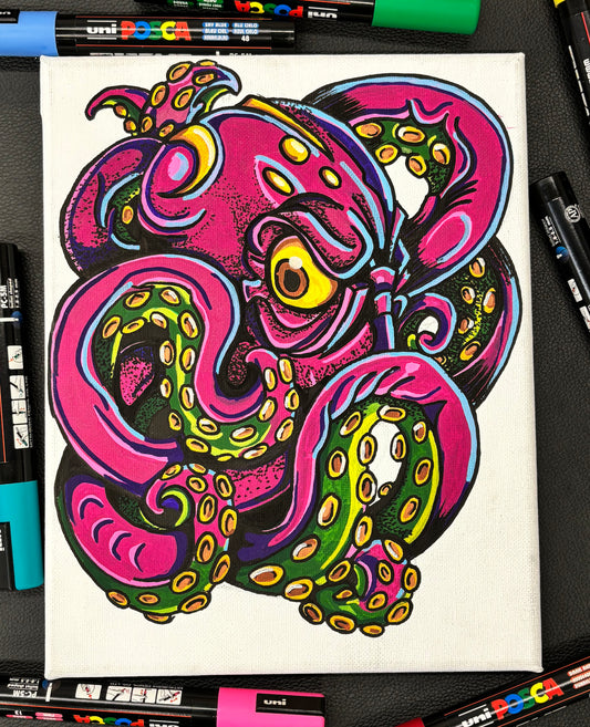 painting of a bright purple and green octopus