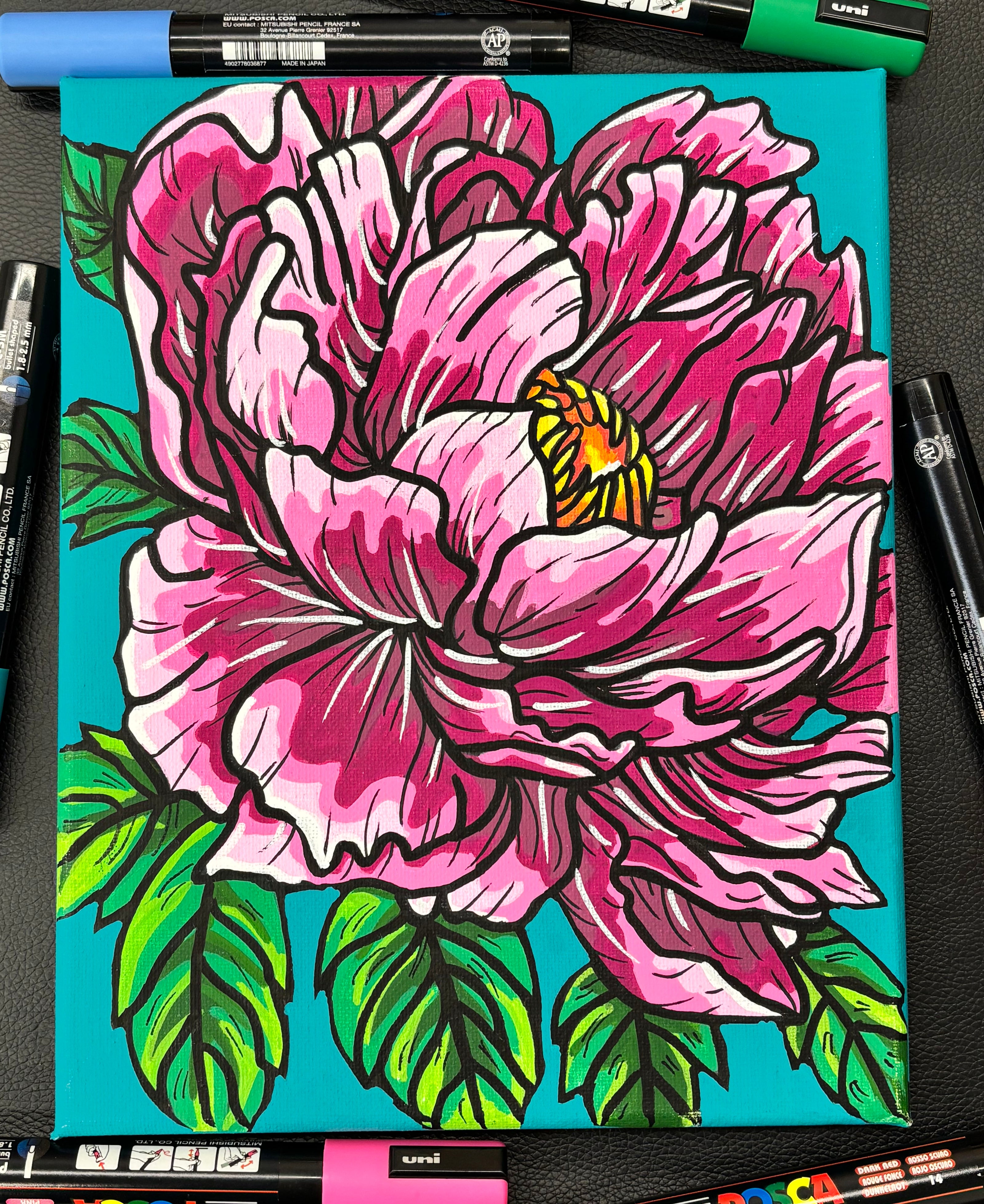 painting of multi tone pink peony on dark teal background