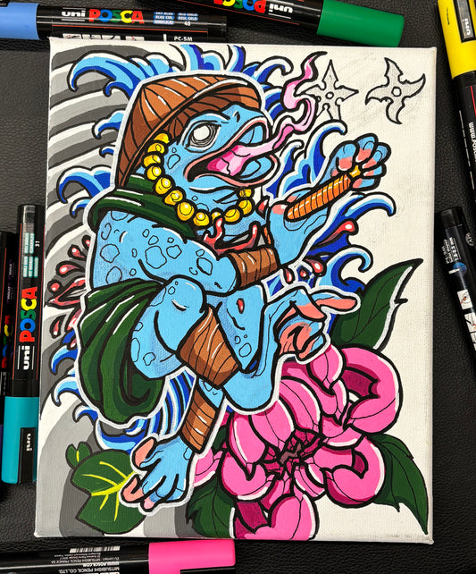 painting of a blue samurai frog with pink flower and blue waves background